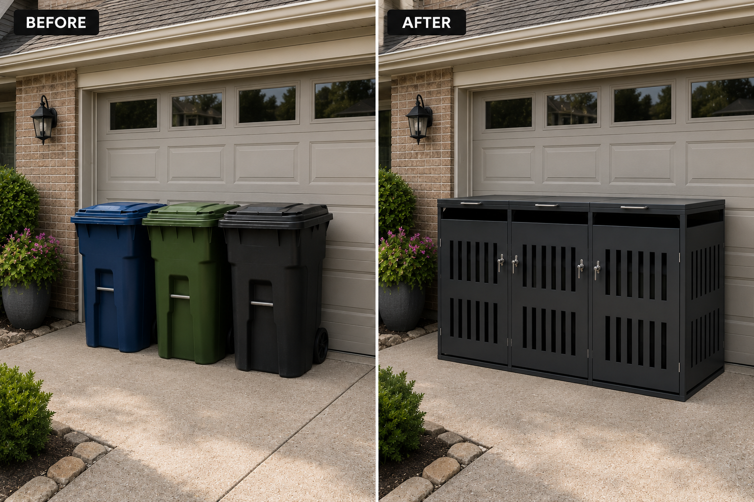 Before and after — metal triple enclosure in driveway